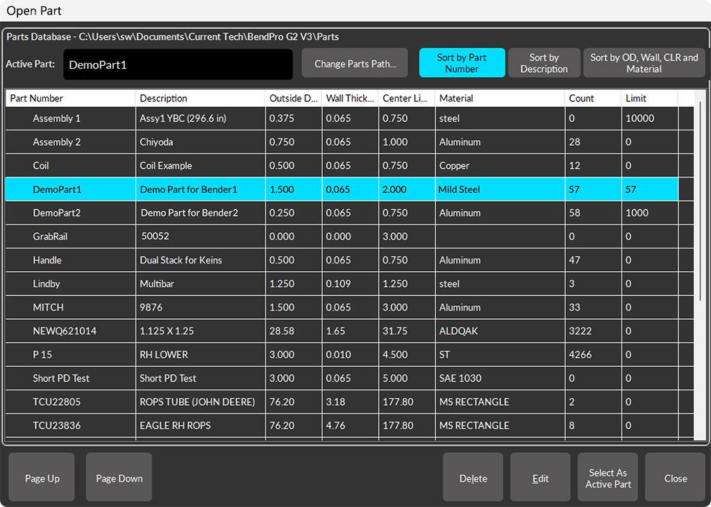 BendPro Office Software part manager